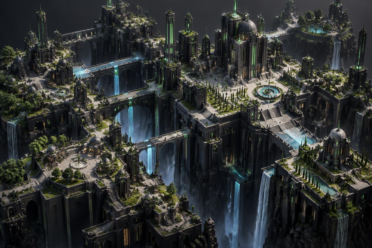 A connected virtual city with illuminated bridges and economic spaces